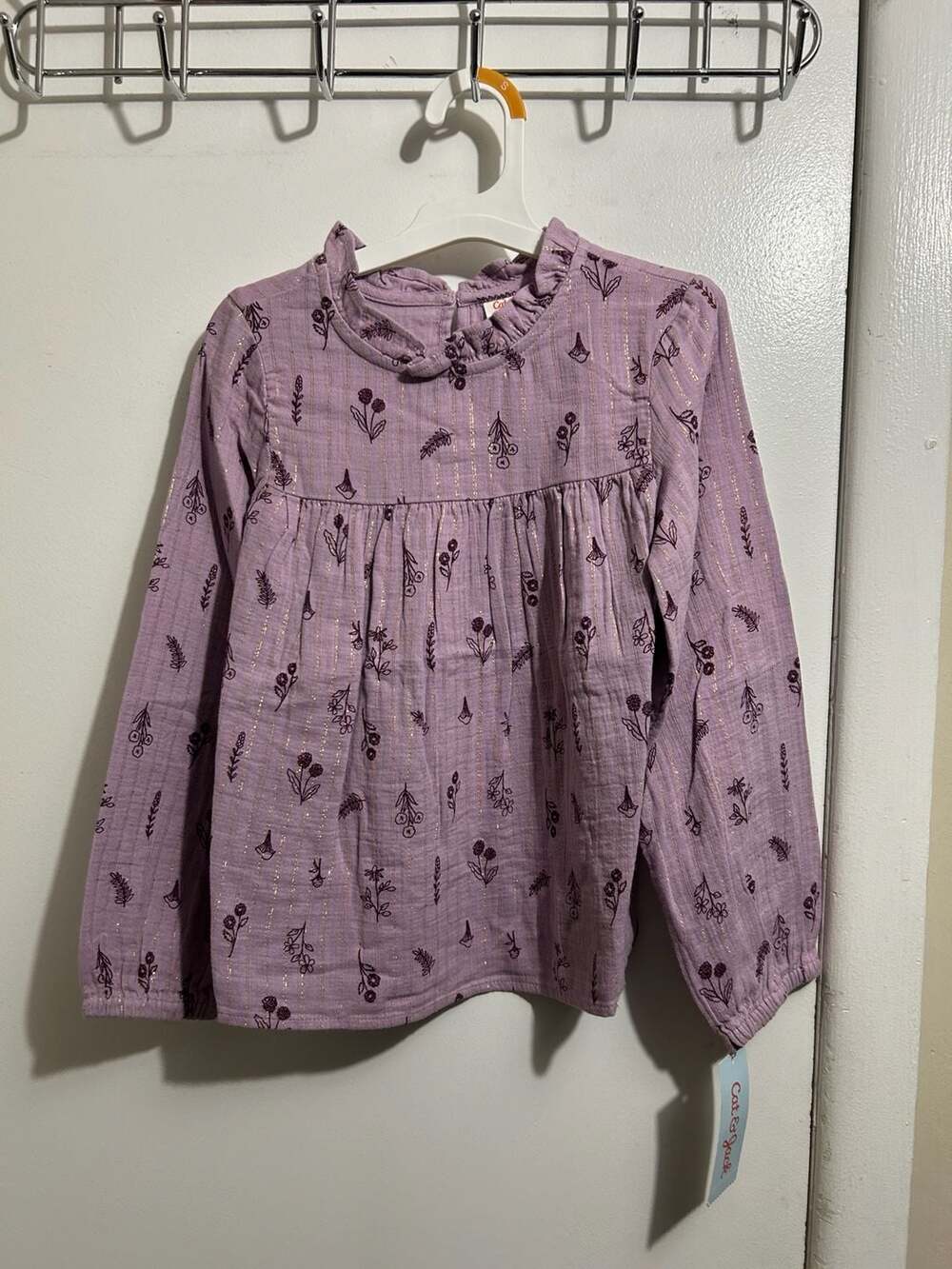 Cat & Jack Girls Purple Floral Print Long Sleeve Ruffle Neck Peasant Blouse
